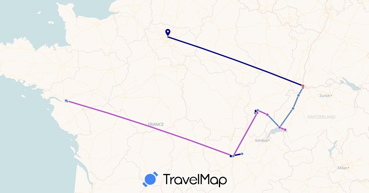 TravelMap itinerary: driving, cycling, train, hiking in Switzerland, France (Europe)